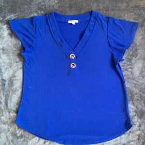 Royal Blue V-Neck Flutter Sleeve Women's Blouse - Gray Toggle Accents Size Large